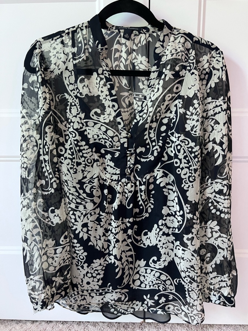 Navy & White Paisley Sheer V-Neck Blouse